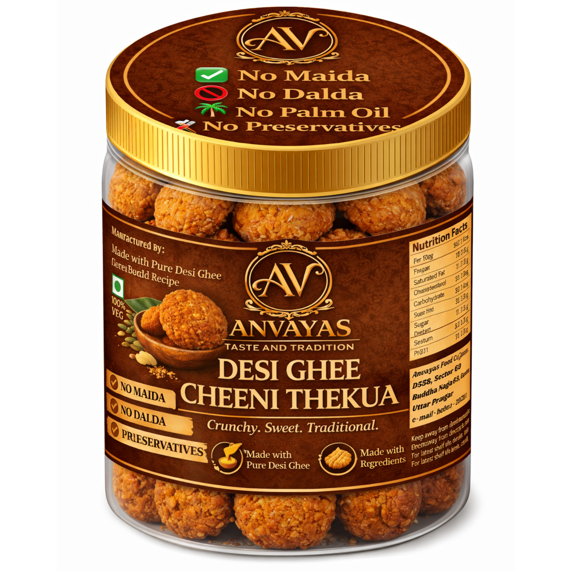 Anvayas Desi Ghee Cheeni Thekua jar – handmade traditional Indian sweet, no maida, available in 200g 400g 800g