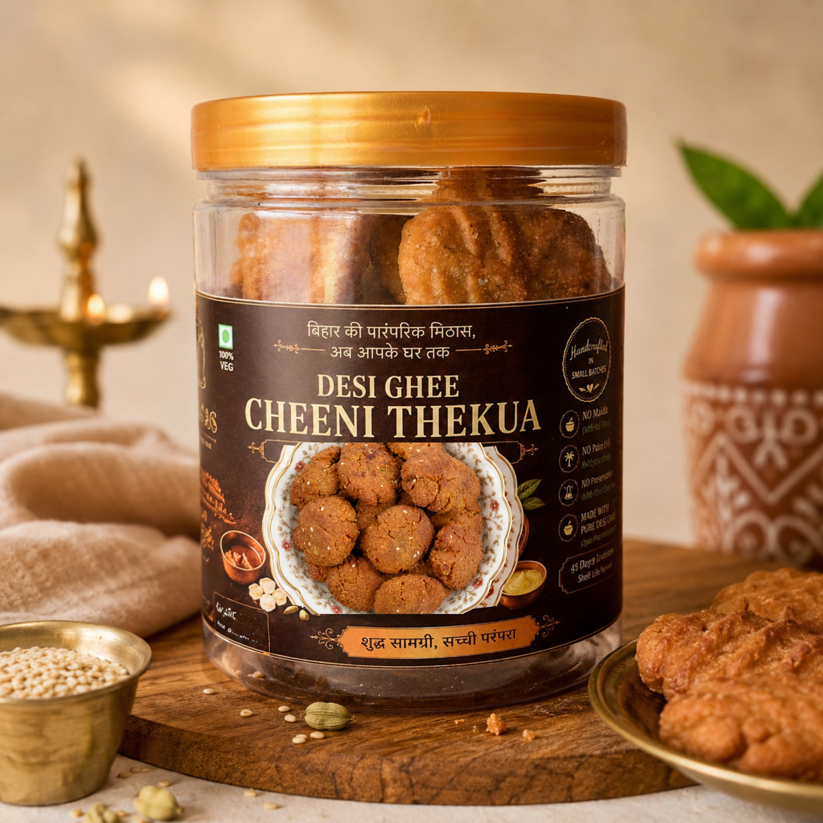 A jar of desi ghee cheeni thekua (Indian fried snacks) on a wooden board with a brass lamp, beige cloth, and ceramic pot in the background.