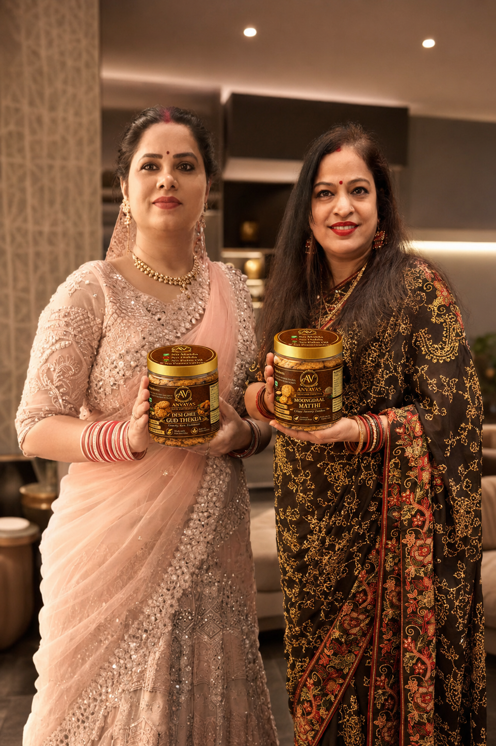 Anvayas founders Sheetal and Jyoti with their homemade snack products – Taste and Tradition