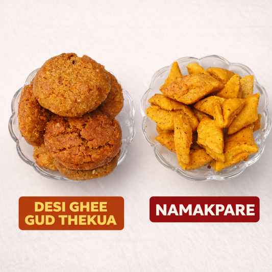 Anvayas Desi Ghee Gud Thekua and Aata Namakpare combo – homemade sweet and savory Indian snacks