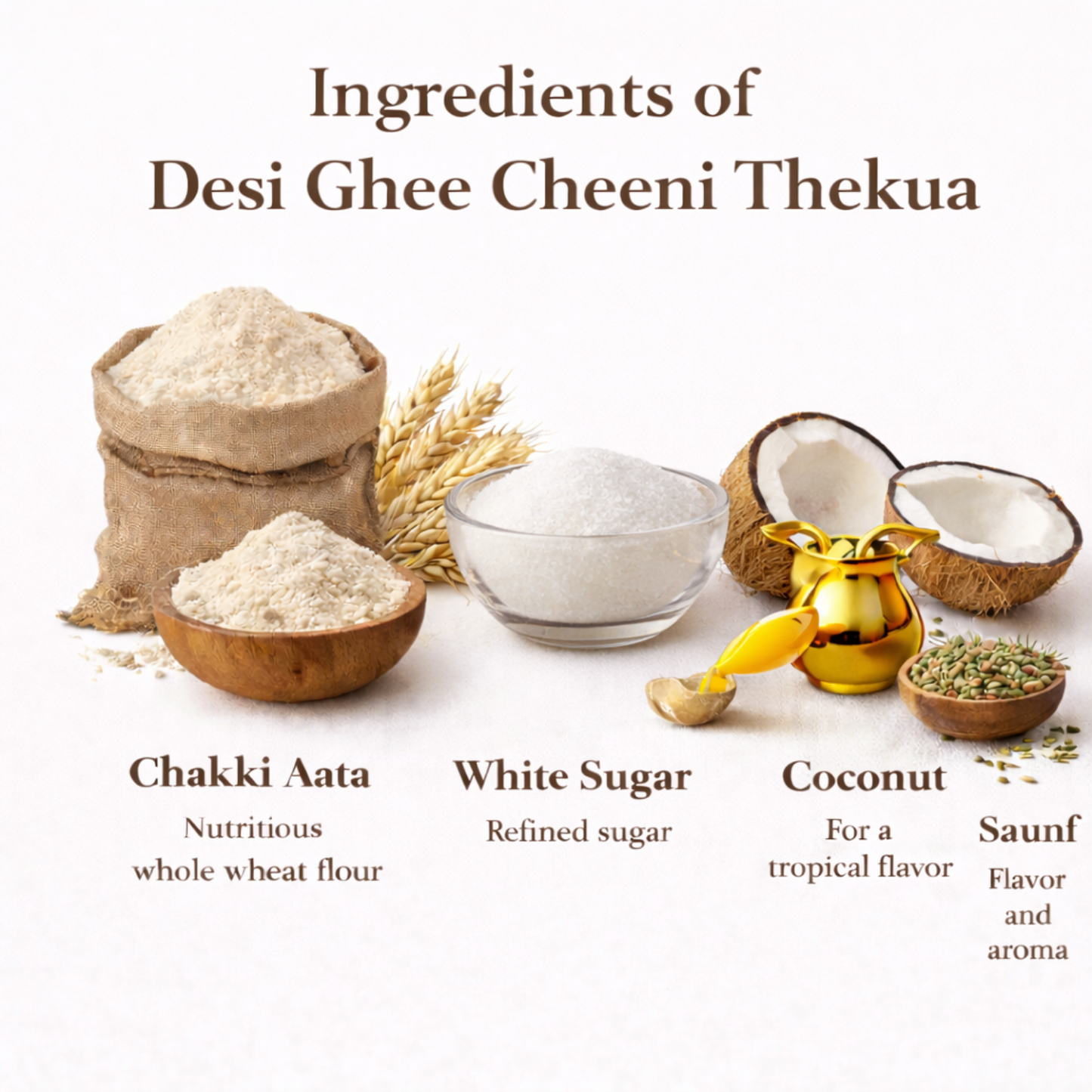 Ingredients of Anvayas Desi Ghee Cheeni Thekua – whole wheat atta, pure desi ghee, rice bran oil, sugar
