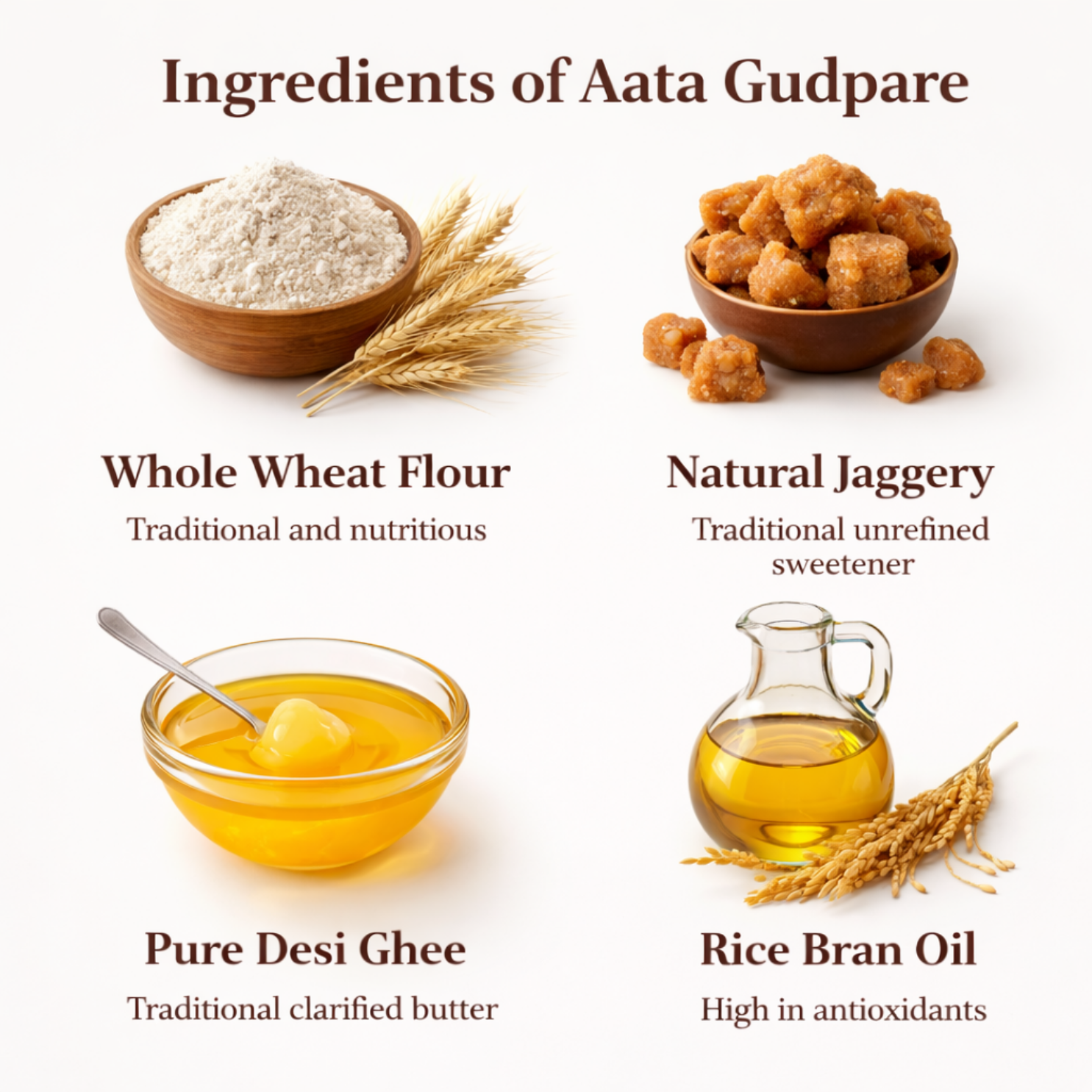 Ingredients of Anvayas Aata Gudpare – whole wheat atta, jaggery, pure desi ghee, rice bran oil