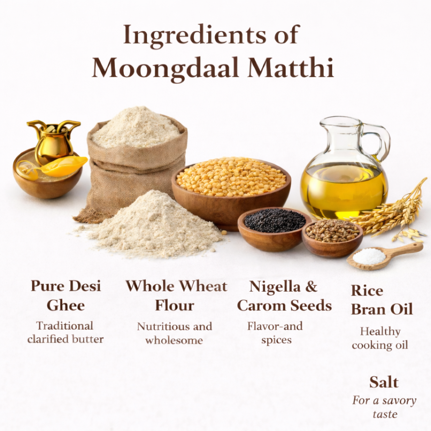 Ingredients of Anvayas Moongdaal Matthi – whole wheat atta, moong dal, pure desi ghee, rice bran oil