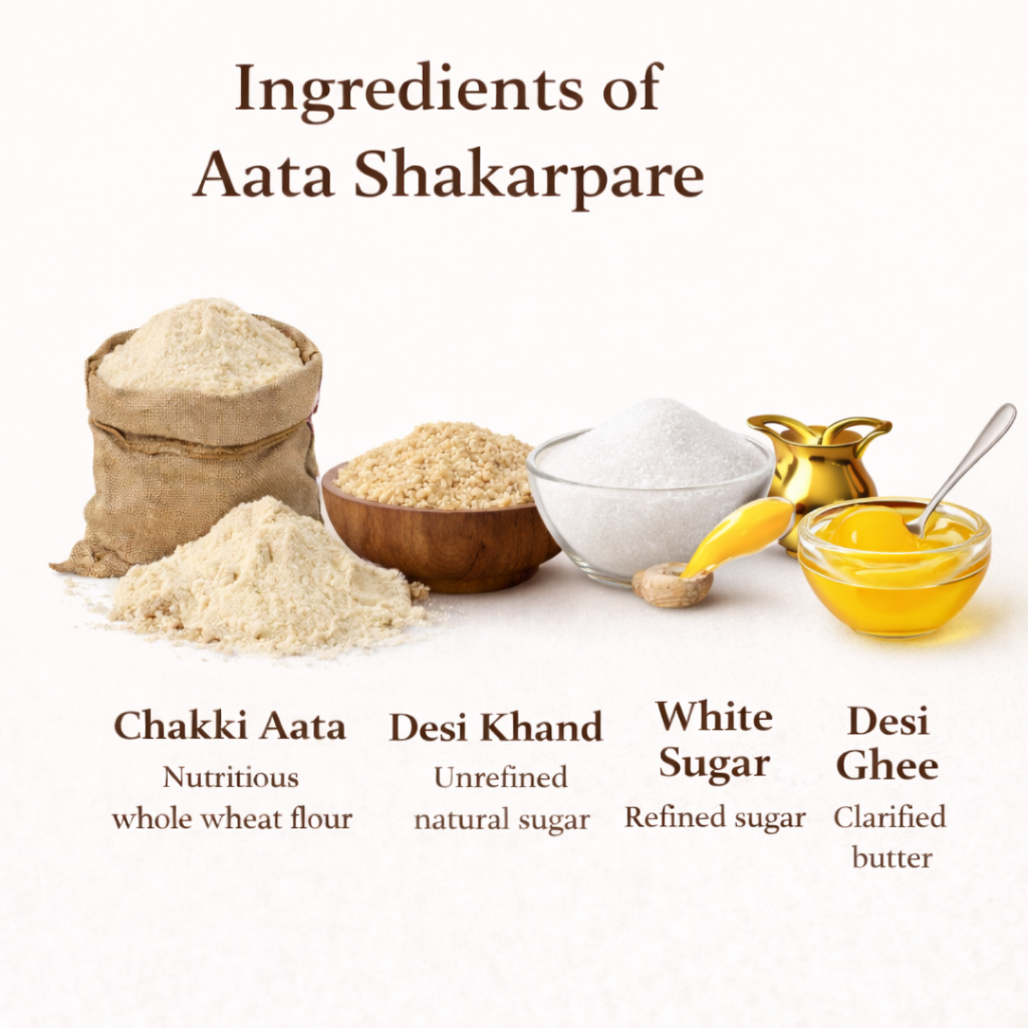 Ingredients of Anvayas Aata Shakarpare – whole wheat atta, pure desi ghee, rice bran oil, sugar
