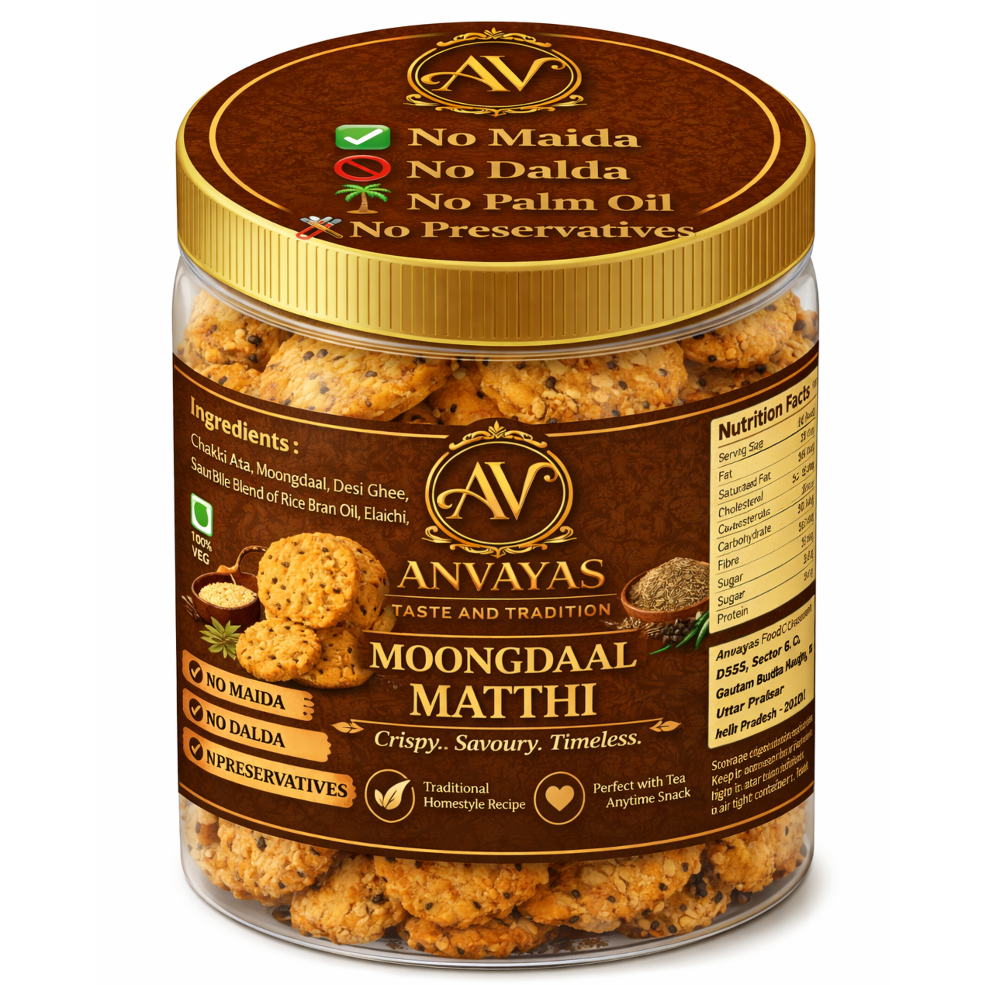 Anvayas Moongdaal Matthi jar – handmade crispy Indian savory snack with moong dal, no maida