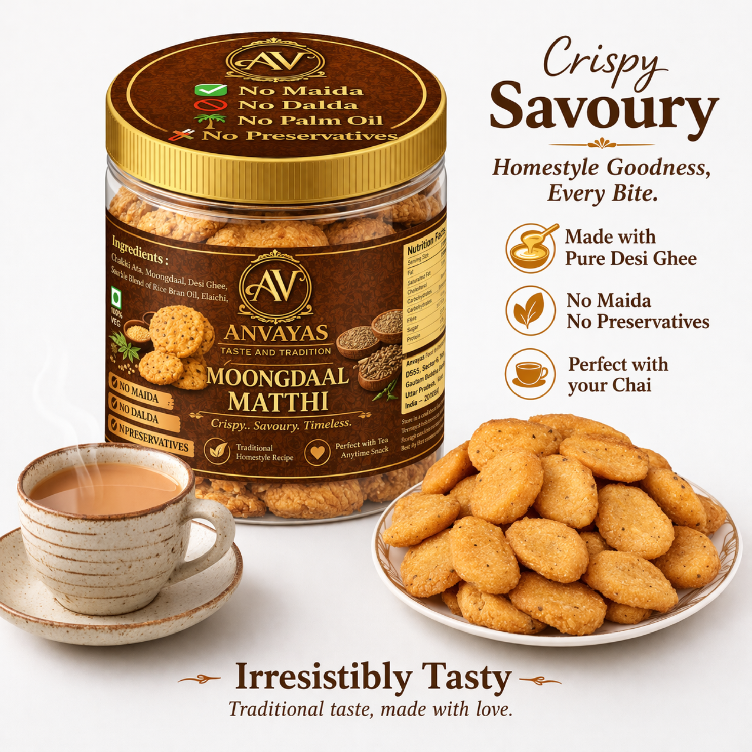 Anvayas Moongdaal Matthi – crispy homemade mathri made with moong dal, desi ghee and rice bran oil