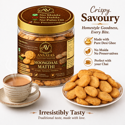 Anvayas Moongdaal Matthi – crispy homemade mathri made with moong dal, desi ghee and rice bran oil