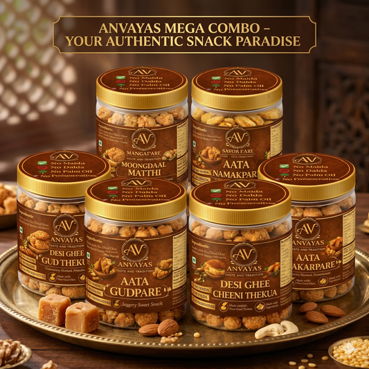 Anvayas Mega Combo of various snack jars on a decorative tray with a warm background.