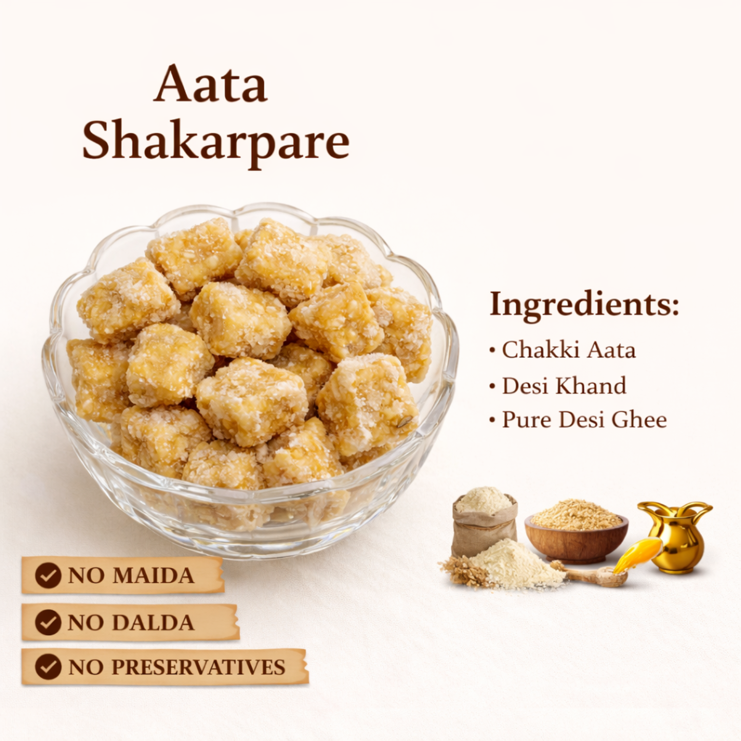 Anvayas Aata Shakarpare – crispy homemade sweet snack made with desi ghee and rice bran oil