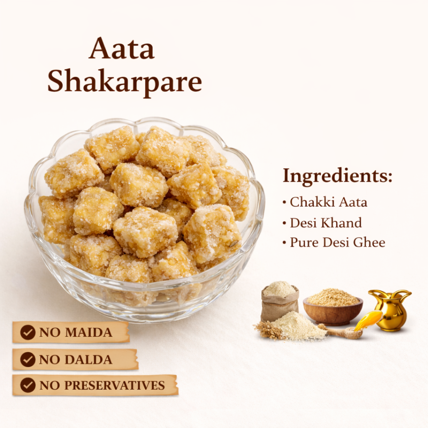 Anvayas Aata Shakarpare – crispy homemade sweet snack made with desi ghee and rice bran oil