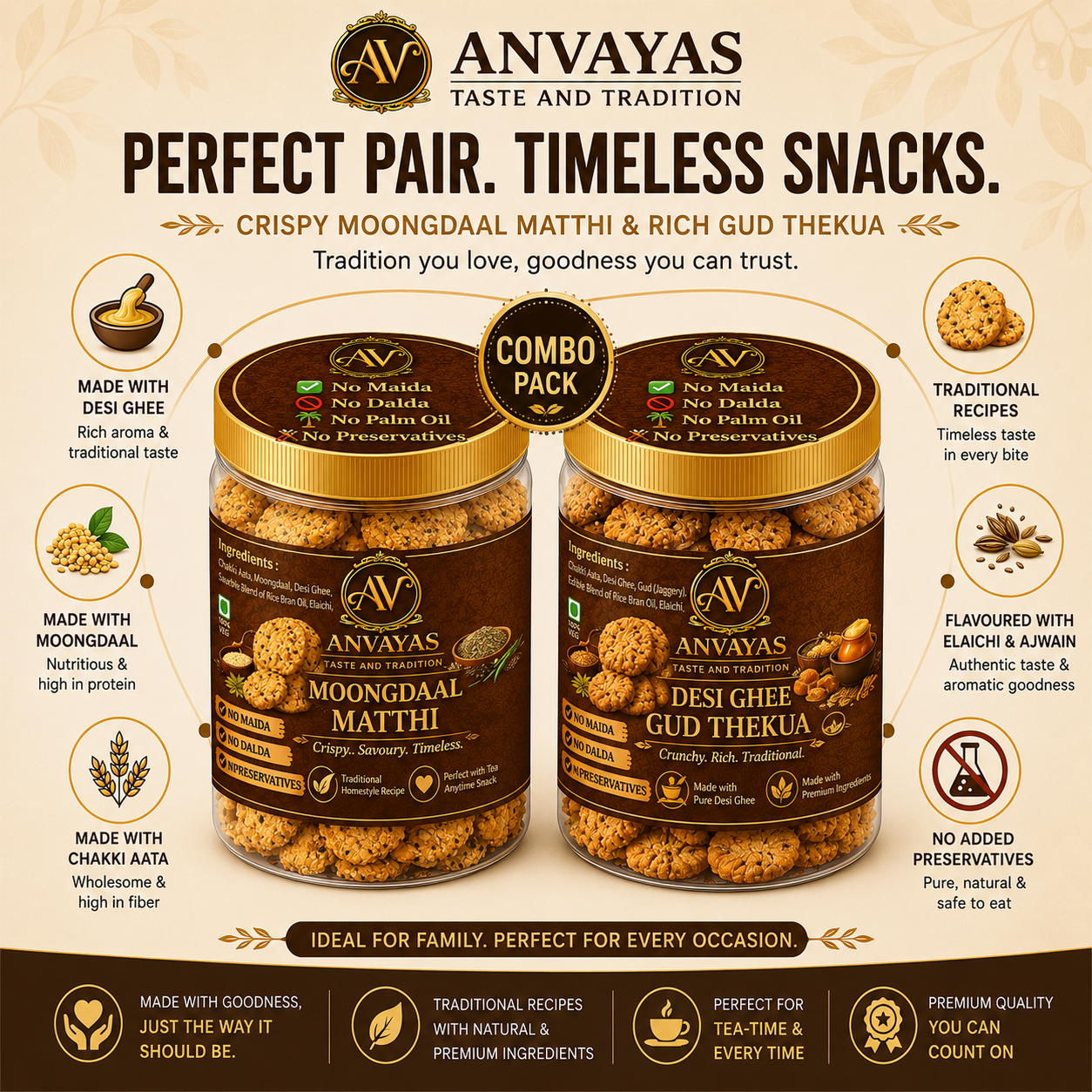 Anvayas Desi Ghee Gud Thekua and Moongdaal Matthi combo pack – homemade Indian snacks online
