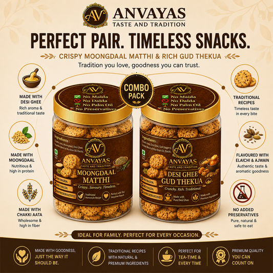 Anvayas Desi Ghee Gud Thekua and Moongdaal Matthi combo pack – homemade Indian snacks online