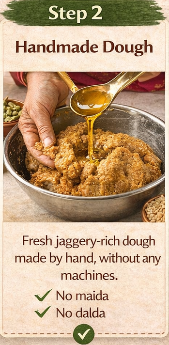 Anvayas Desi Ghee Gud Thekua preparation step – handmade in small batches with pure ingredients