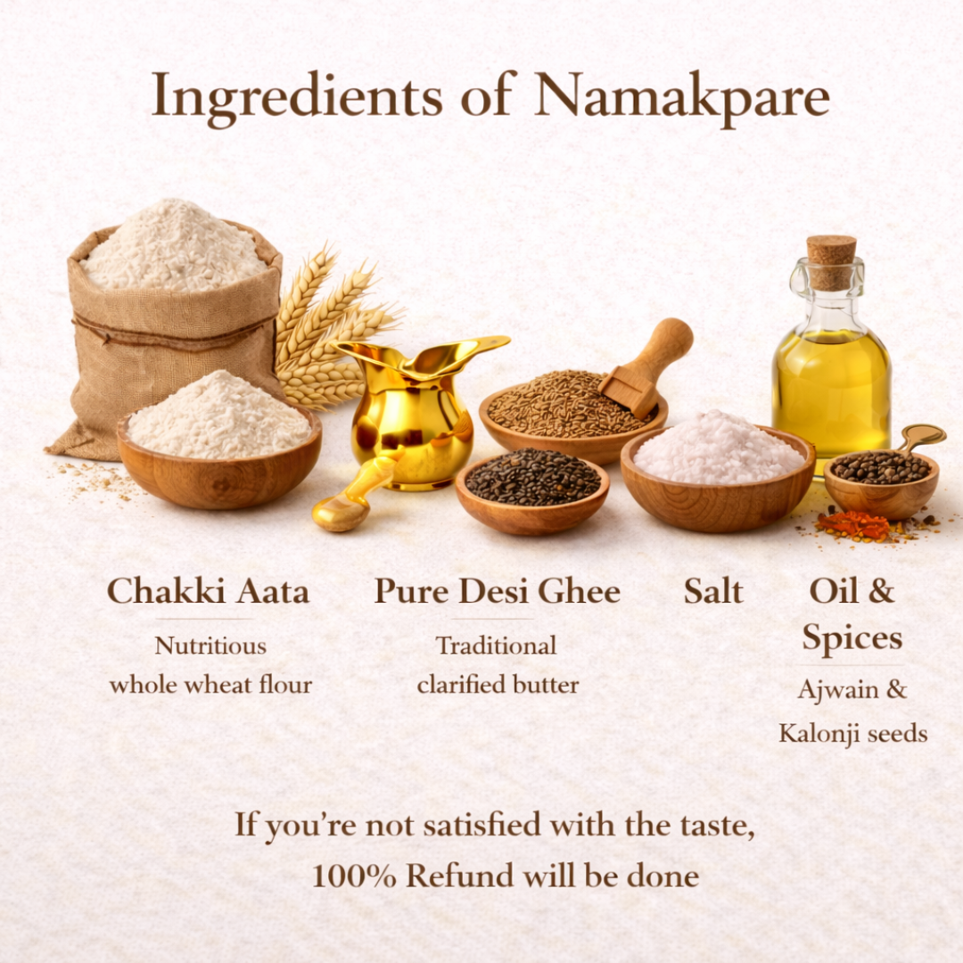 Ingredients of Anvayas Aata Namakpare – whole wheat atta, pure desi ghee, rice bran oil, salt